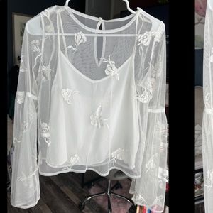 Hollister Sheer Bell Sleeve Floral White LS Blouse